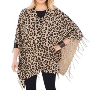 CHICOS LEOPARD PRINT LACE UP FRINGE PONCHO SZ OS EUC